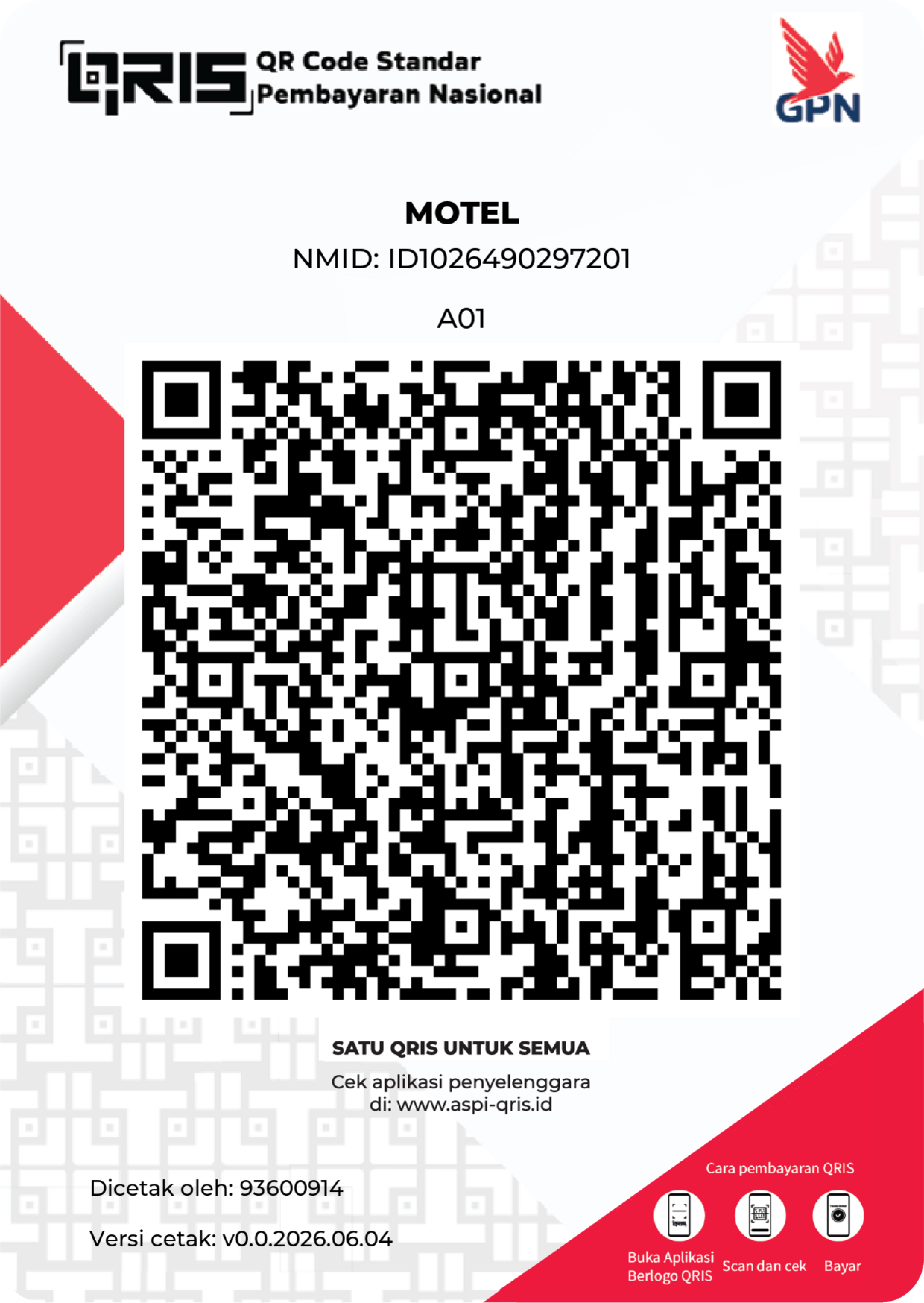 Kode QRIS resmi MOTEL untuk checkout